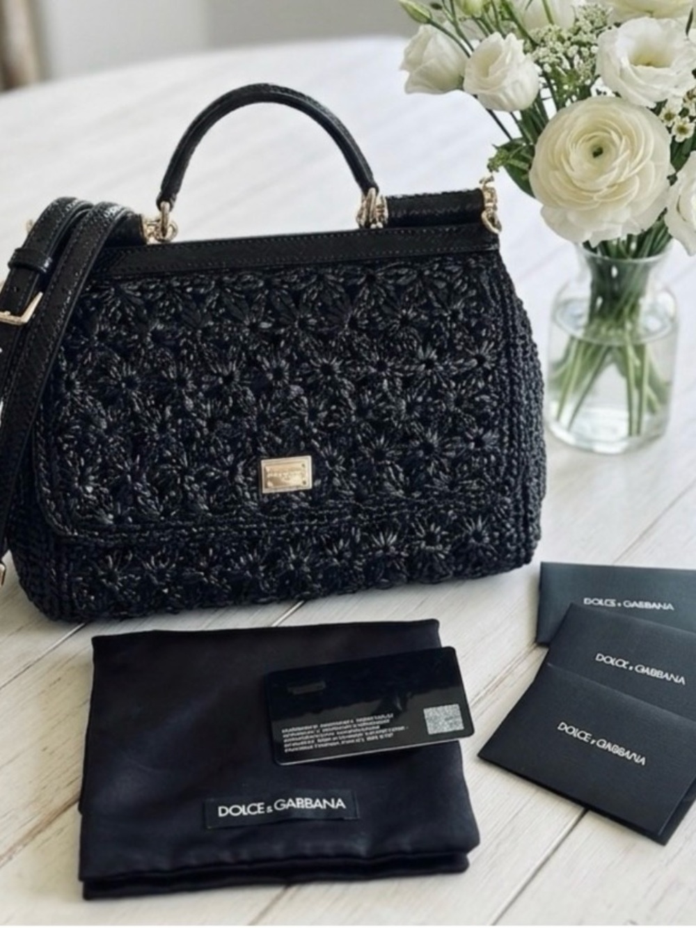 Dolce & Gabbana Black Sicily Raffia Bag with Python Leather and Gold Hardware